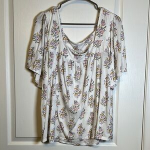 Lucky Brand White Floral Short Sleeve Square Neck Blouse Size XXL EUC #2560
